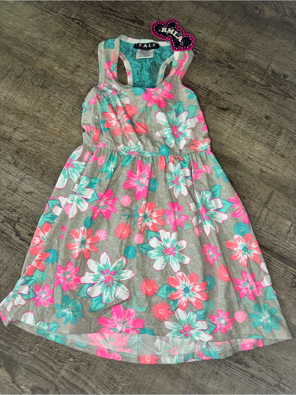 NWT R.M.L.A. Girls Floral Racerback Dress - Size 4T - Pink/Teal/Grey